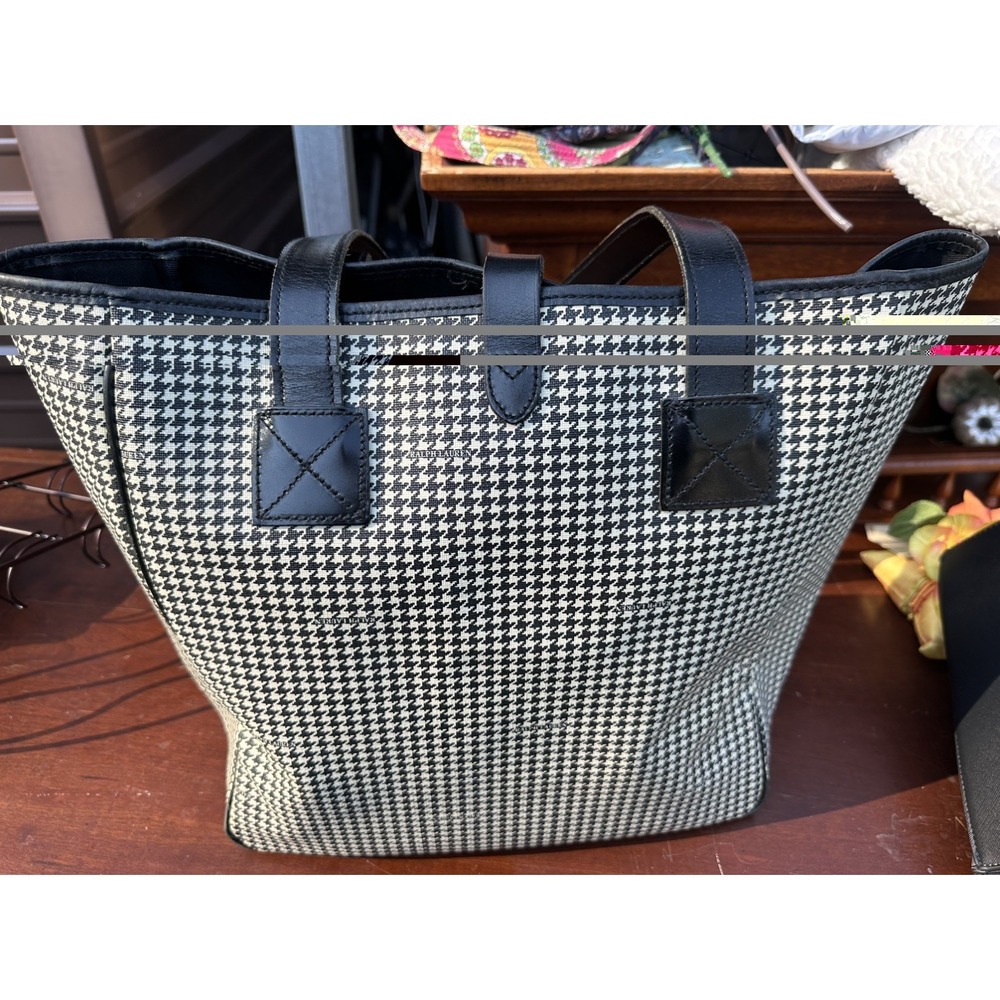 RALPH LAUREN Houndstooth Tote Bag Black Leather Trim Used